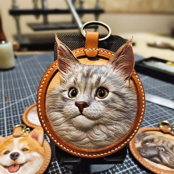 Handmade Maine Cat leather carving