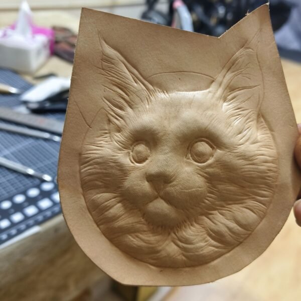 Handmade Maine Cat leather carving - Image 3